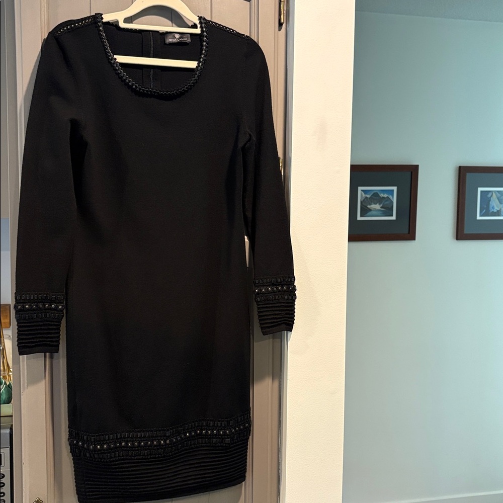 Rena Lange 100% Virgin Wool Sweater Sheath Dress, Leather & Studded Trim, Size S